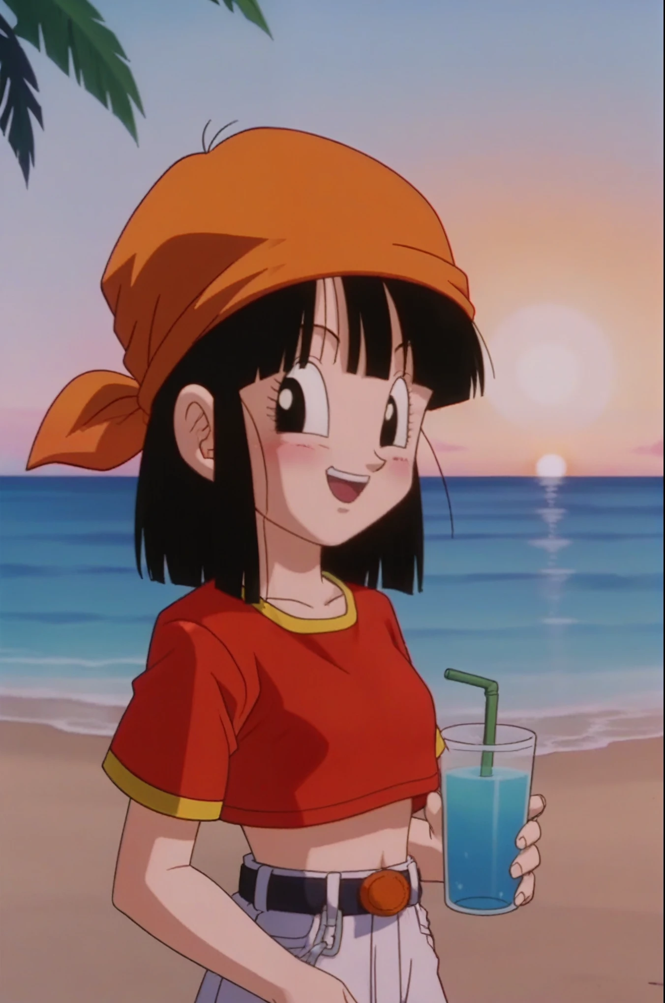 source_anime, score_9, score_8_up, score_7_up, anime screencap,
pangt, 1girl, smile, bangs, happy, blushing, grass, black hair, sunset, Watching the sunset, beach in open sea sunset, sun, collarbone, whole body, teeth, blunt bangs, outdoors, black eyes, eyelashes, upper teeth only, red crop top, bandana, retro artstyle, , 1990s \(style\), orange headwear, medium ass, breasts