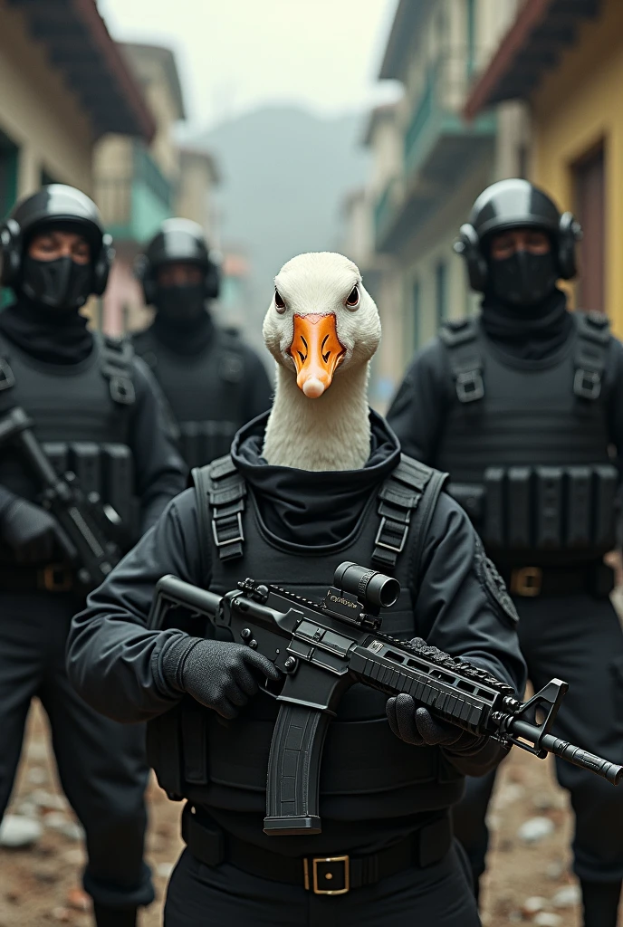 Draw a goose with an angry face, wearing black uniform and bulletproof vest and holding a g3 rifle next to four evil-looking police officers wearing black clothes and bulletproof vest in a favela in rio de janeiro.