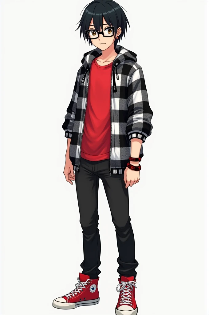 A male anime character who is around 15 years old, has straight, not very short black hair and dark brown eyes, wears square glasses and red and black bracelets only on the right side of his arm, wears a red t-shirt with a black and white plaid jacket and also black jeans and finally wears red all star