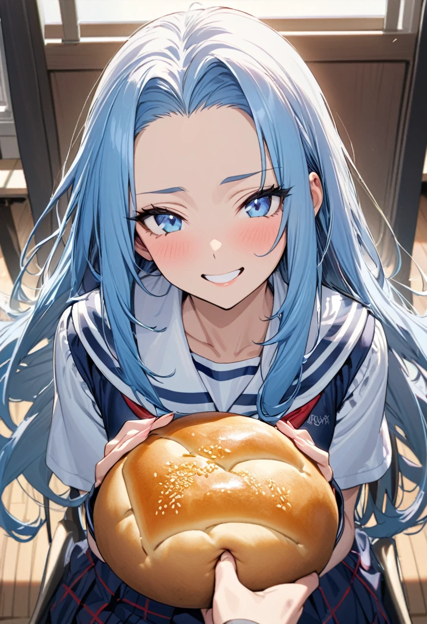 (best enjoy style), (hand holding the Delicious baked round bread), (pov, solo:2, 15 yo) (beautiful detailed forehead) (beautiful pastel blue hair long hair) (immensely cute girl) (best cute blue eyes) (best grin smile, glossy lip) (small tits), in a summer Elegant sailor suit, red ribbon, detailed Check pattern skirt, sit down chair, break, in the beautiful master detailed School cafeteria, BREAK, perfect anatomy, masterpiece, best quality, 16k, beautiful detailed grow, daydreaming expression.