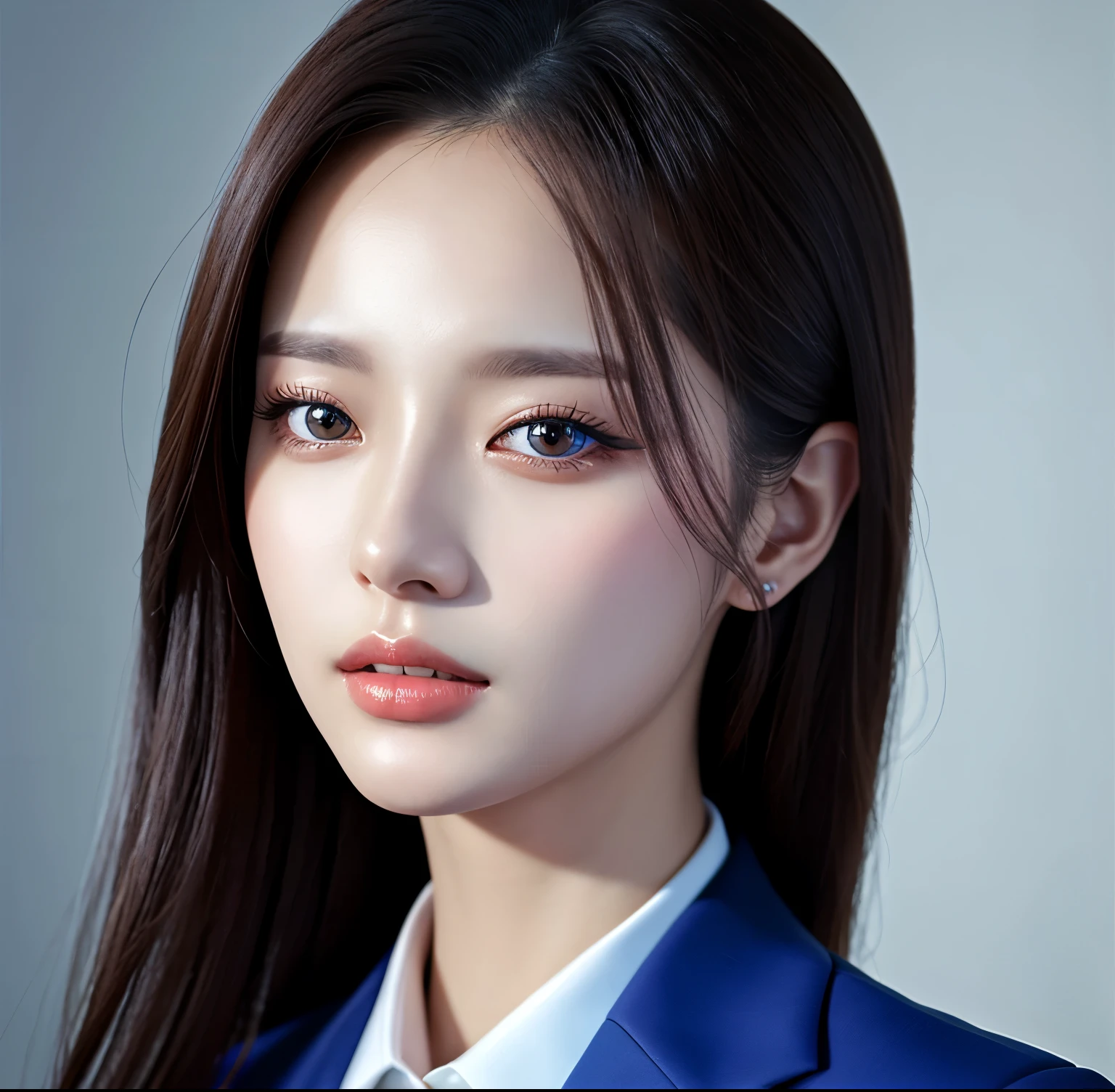 Close up portrait of woman in blue suit and white shirt, Elegant digital art, High-quality portraits, Shiny digital painting, Digital Art Images, Beautiful digital art, Elegant digital painting, Portraits of Korean female idols, Beautiful digital painting, Realistic cute girl drawing, high quality digital painting, TWICE's Tzuyu, Professional Profile Photo, Korean Girls