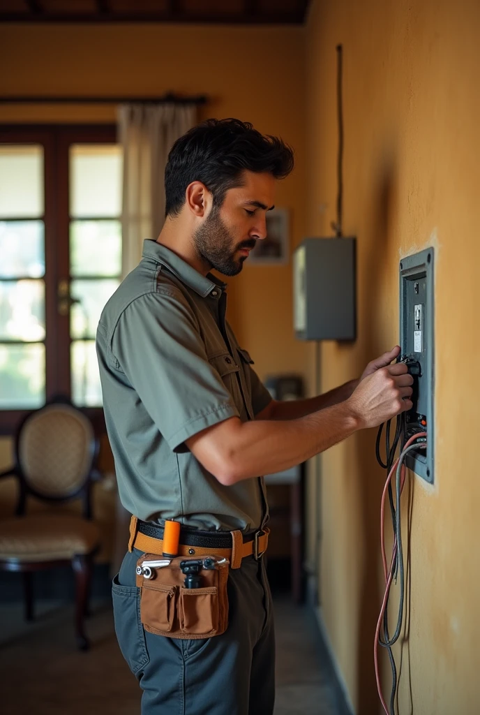 30 year old male technician, from sideways, changing ABNT power outlet in Brazil, wide image of the house