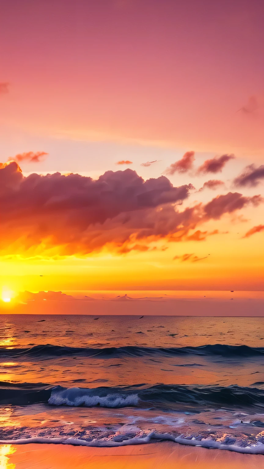 A mesmerizing sunset on the beach, with a mix of orange, pink, and yellow in the sky. The crystal clear water gently kisses the coast, and the white sand is endless. The scene is dynamic and breathtaking, with seagulls soaring high in the sky and palm trees swaying softly. Immerse yourself in the calm atmosphere and let the serenity surround you.
