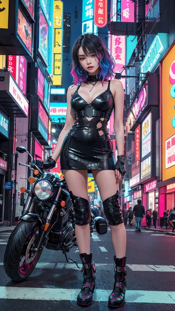 masterpiece, best quality, Confident cyberpunk girl, full-body shot, ((Standing in front of a motorcycle)), Harajuku Fashion, Bold Colors and Patterns, Eye-Catching Accessories, Stylish and novel hairstyle, Vibrant makeup, Cyberpunk dazzling city landscape, Skyscraper, Neon lights, LED 灯, Bright and vivid color scheme, Japanese cartoons, illustration, Delicate skin texture, Detailed fabric texture, Beautiful and delicate face, Intricate details, Extremely detailed.