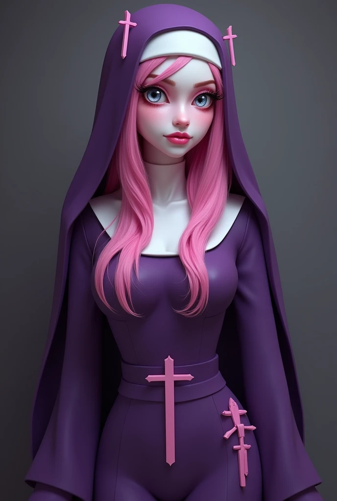 7'5" tall female in a purple nun outfit, with 2 Pink crosses on the sides of her nun veil. Her skin has 3 colors: Purple, White, and Pink.she a hourglass body with long tea rose pink hair,solid white eyes,fluffy eyelashes,with and massive thighs,she is a demon in disguise.