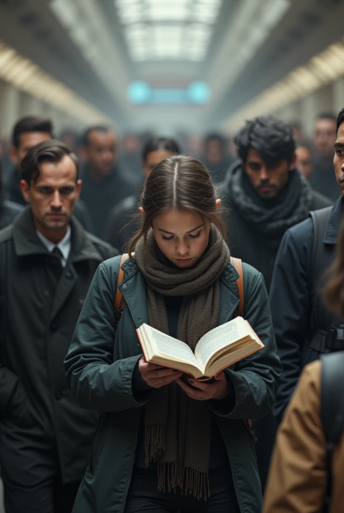 Create a realistic photographic image where there are 2 groups, One with a lot of people but showing the lack of individuality and the other one with just one person reading and standing out