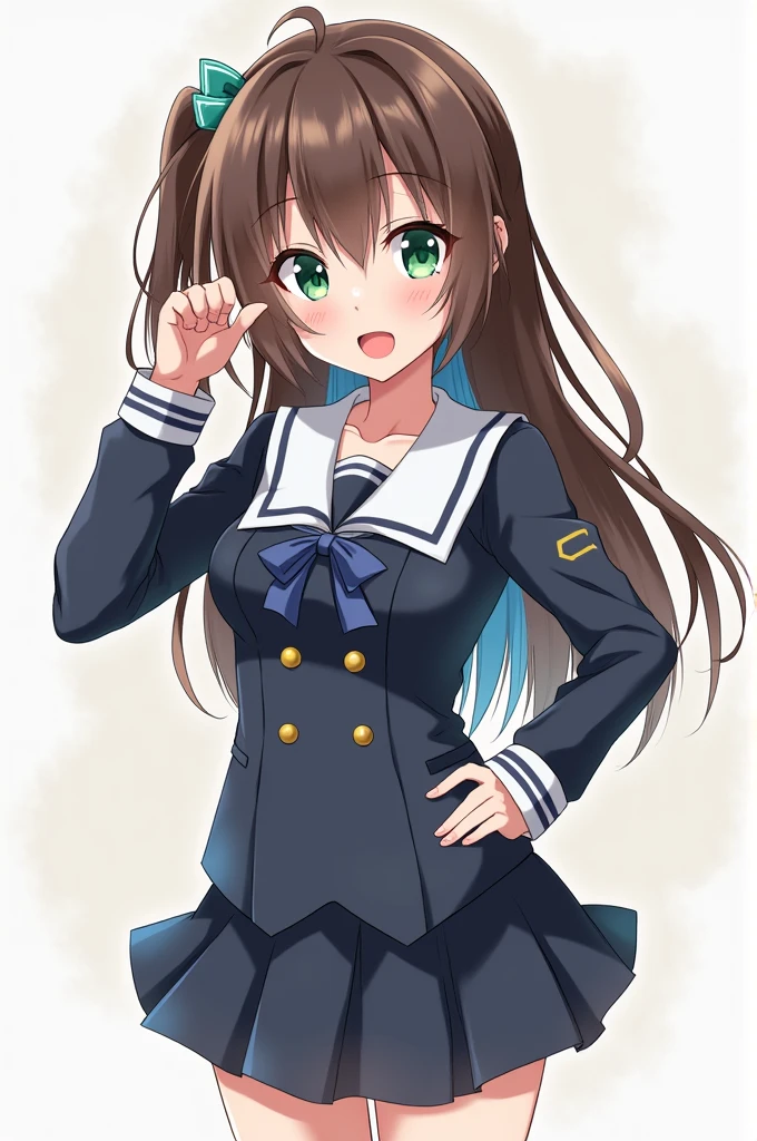 Anime girl with brown hair and blue streak Blushing green eyes in full body uniform