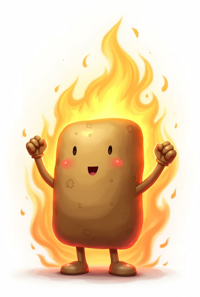 An adult rectangular potato celebrating a victory, with fire behind and on a white background.