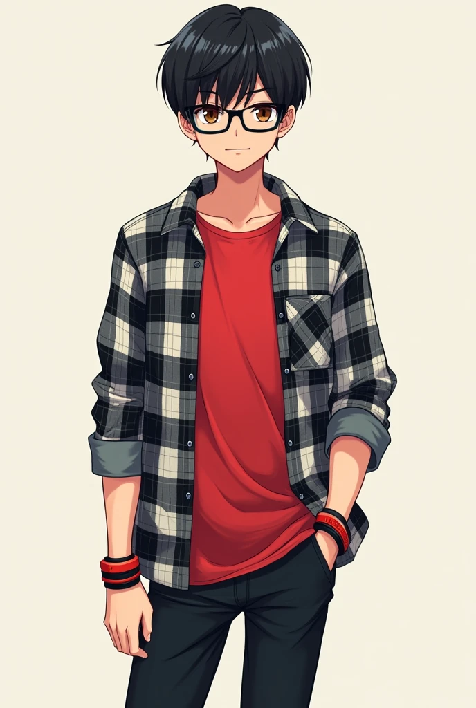 A male anime character who is around , has straight, not very short black hair and dark brown eyes, wears square glasses and red and black bracelets only on the left side of his arm, wears a red t-shirt with a black and white plaid jacket and also black jeans and finally wears red all star
