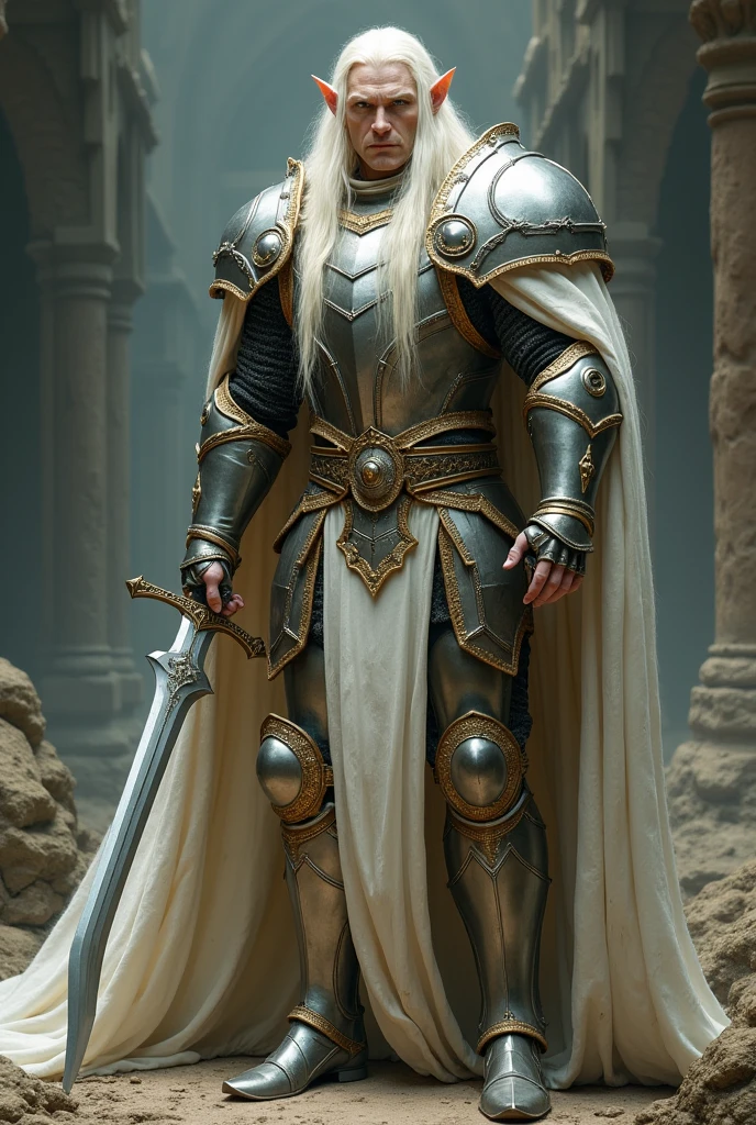 Big albino elf, strong general with magic armor, along with his legendary sword, light eyes long hair down to the feet