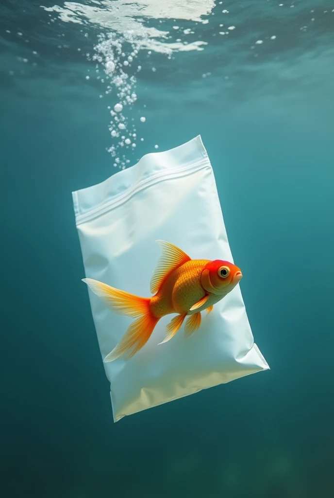 A goldfish comes across a floating white plastic bag.
