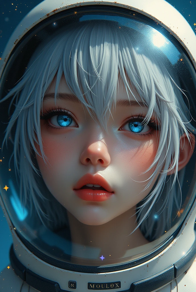 (Close-up of a better masterpiece:1.5)0.9], (Space and astronauts:1.2) (Messy silver hair:1.1) (Heterochromia xanthochromia and blue eyes:1.2) (Space Helmet:1.0) (Colored stars in the eyes:1.0) (A radiant glow:1.1) (thick lips:0.9)