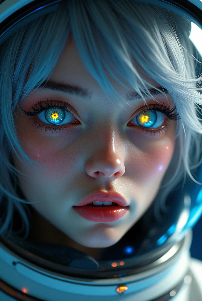 (Close-up of a better masterpiece:1.5)0.9], (Space and astronauts:1.2) (Messy silver hair:1.1) (Heterochromia xanthochromia and blue eyes:1.2) (Space Helmet:1.0) (Colored stars in the eyes:1.0) (A radiant glow:1.1) (thick lips:0.9)