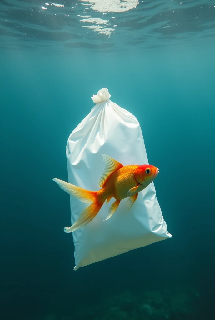 A goldfish finds a white plastic bag floating in the sea