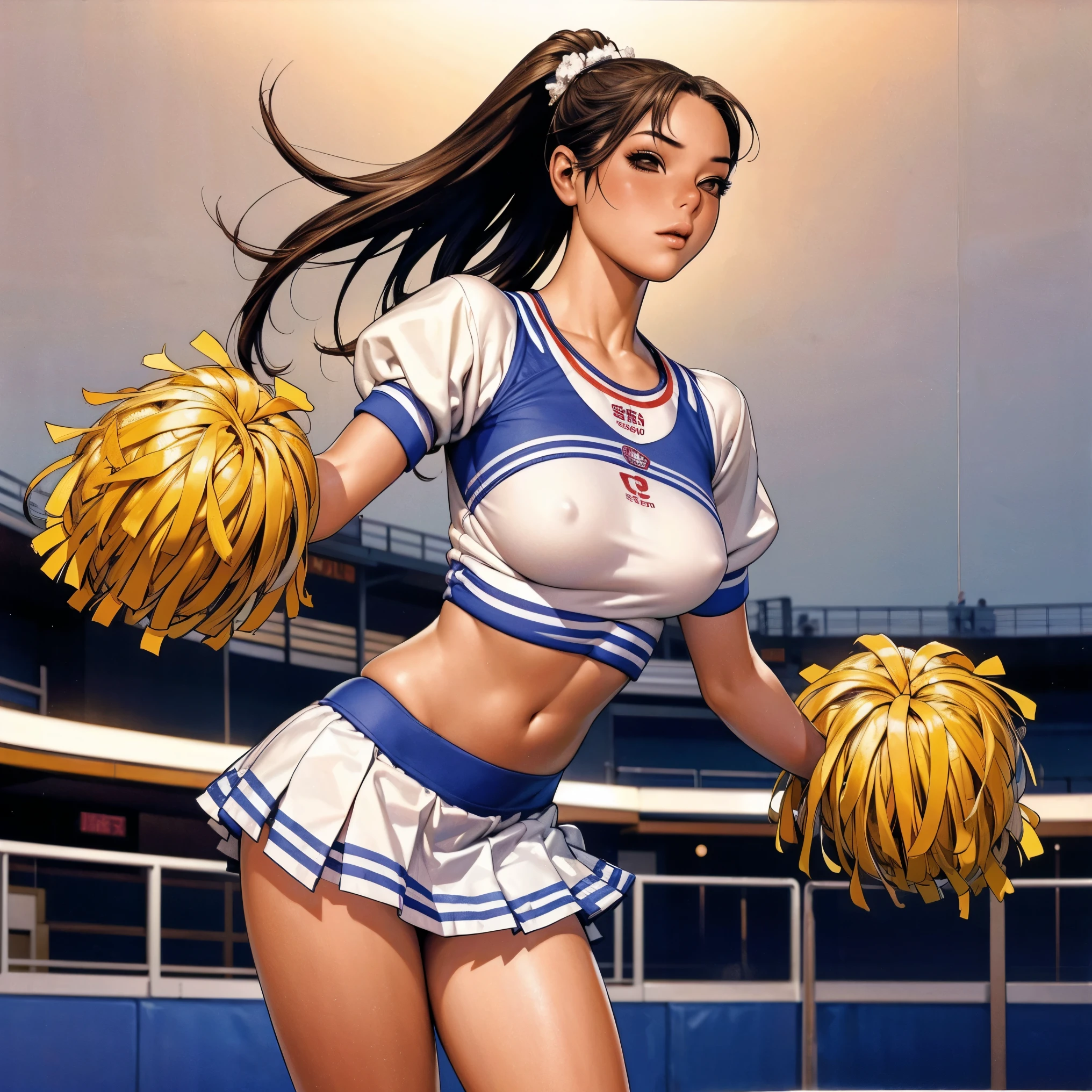 (((Cheerleader))), (best qualityer))), (((manga strokes))), (((long hair ))), Kizi líder de torcida com roupas típicas, pleated mini skirt, crop top with university logo, rugby cheerleaders, sculptural body, corpo fitness, huge pom poms, cheerleader dance, (((best qualityer: 1.4))), (Unbeatable masterpiece), (hiper HD),(CG 8k hyper-realistic), Kizi, (((standing alone))), (((18-years old))), sexly, pose de atitude, work of art, (((manga style))), perfectbody, roupa moderna, advanced technology, Football stadium background, (( cowboy shot )). intricate visual