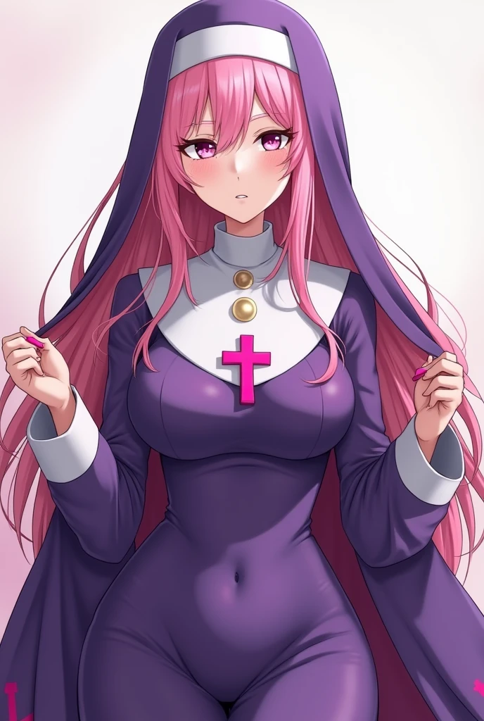 7'5" tall anime style female in a purple nun outfit, with 2 Pink crosses on the sides of her nun veil. Her skin has 3 colors: Purple, White, and Pink.she a hourglass body with long tea rose pink hair,solid white eyes,fluffy eyelashes,with big breasts and massive thighs,she is a demon in disguise.