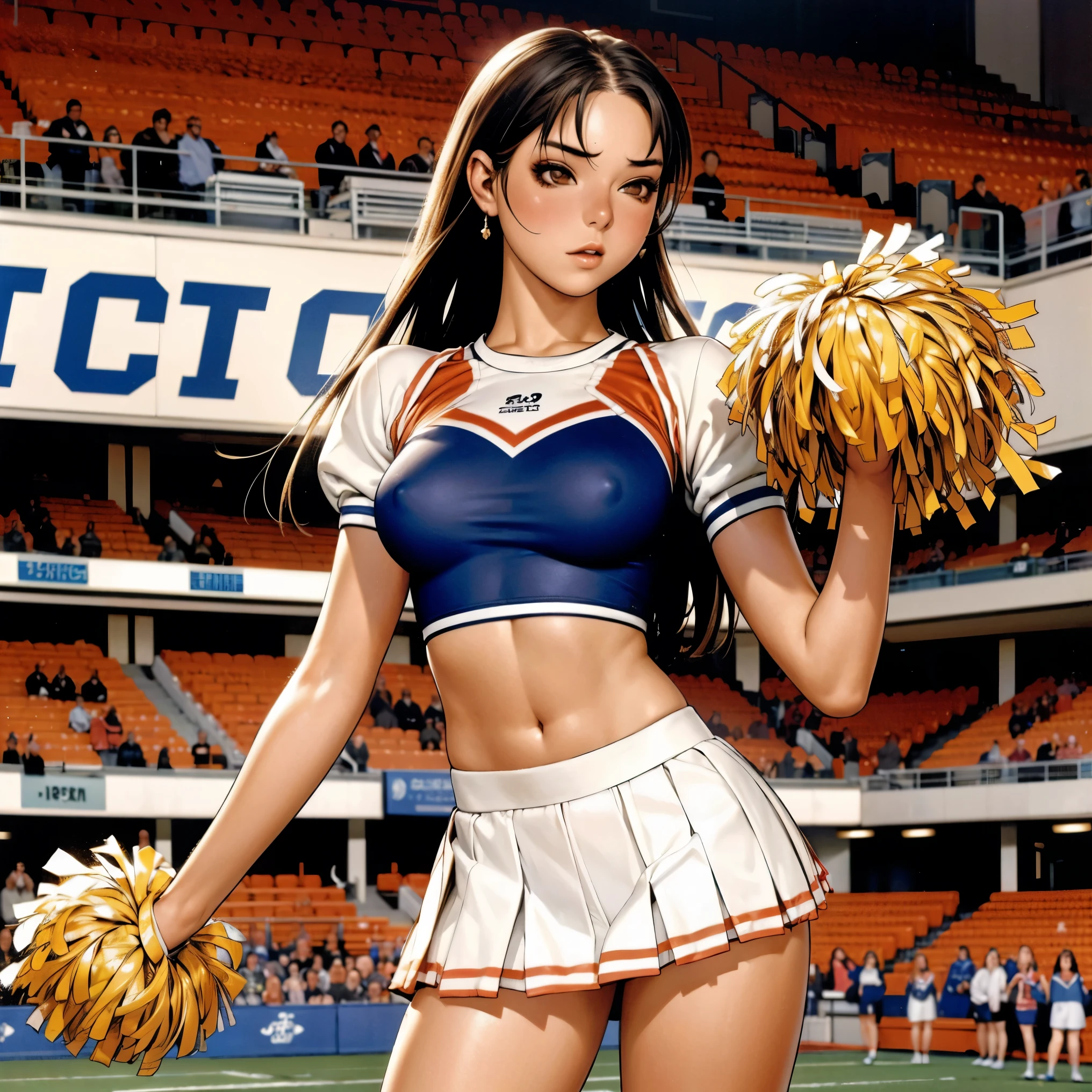 (((Cheerleader))), (best qualityer))), (((manga strokes))), (((long hair ))), Kizi líder de torcida com roupas típicas, pleated mini skirt, crop top with university logo, rugby cheerleaders, sculptural body, corpo fitness, huge pom poms, cheerleader dance, (((best qualityer: 1.4))), (Unbeatable masterpiece), (hiper HD),(CG 8k hyper-realistic), Kizi, (((standing alone))), (((18-years old))), sexly, pose de atitude, work of art, (((manga style))), perfectbody, roupa moderna, advanced technology, Football stadium background, (( cowboy shot )). intricate visual