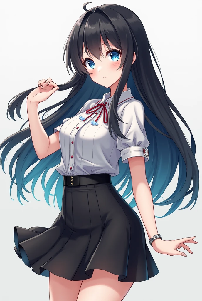 female anime character with long black hair, thesis clara, the right eye is light blue and the left eye is turquoise, short skirt and blouse.