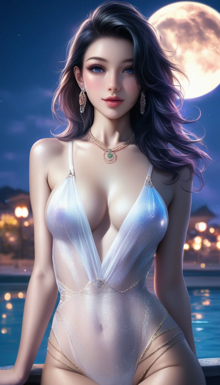 score_9, score_8_superior, score_7_superior, A masterpiece in 32K resolution,Highest quality,it is really amazing,Very detailed,Ultra-high resolution,Ultra-realistic,Realistic,Increased depth of field,Cinematic lighting,
Sexy Japanese Adult Women,
black straight medium hair,Ultra-detailed and beautiful face,Gentle expression,Translucent white skin,Realistic skin texture,
Elegant swimwear,
Bold design,Artistic design,Beautiful and detailed pattern,Detailed fabric texture,
Gorgeous necklace,Earrings,
Coastline at night,Giant Moon,Dark clouds floating in the dark night sky,
Cinematic Angle,