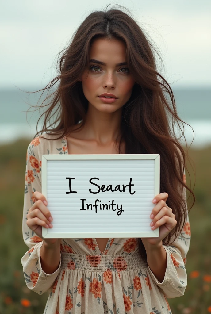 Beautiful girl with wavy long hair, bohemian dress, holdig a white board with text "I Love Seaart Infinity" and showing it to the viewer