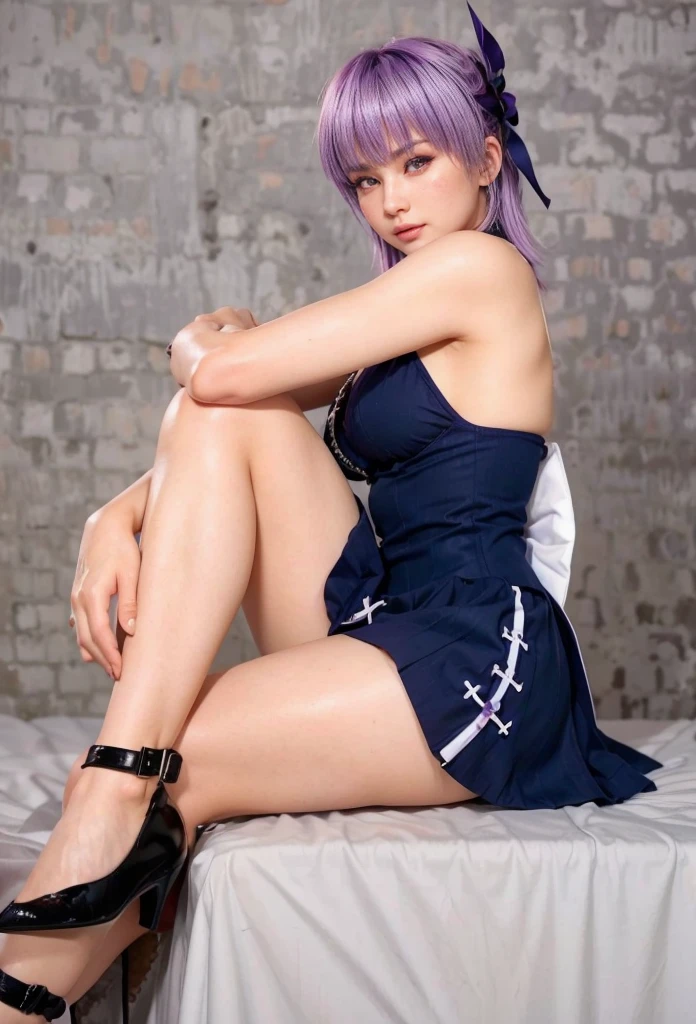 Ayane, purple hair, red eyes, (best quality, ultra-detailed), (realistic:1.37), beautiful and detailed face, ultra-realistic texture, delicate face, delicate body, red lipstick, long-lasting colors. high definition, 8K. expression with a sexy look