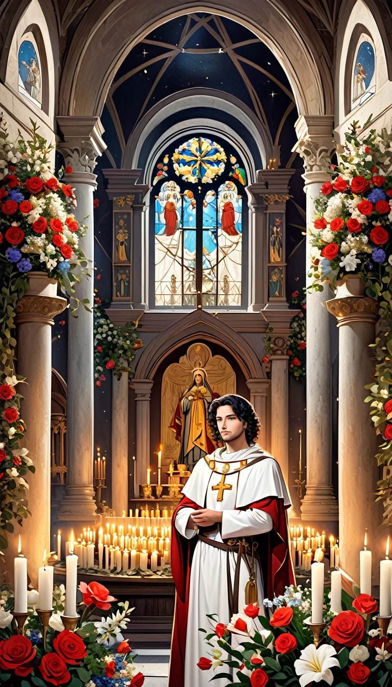 Santo Expedito in an old church, surrounded by candles and flowers. Saint Expeditus in the center of the image in Roman costume, white man, with short curly black hair, no beard, no mustache, beautiful, enchanting scene, sacred art, mystical scene.