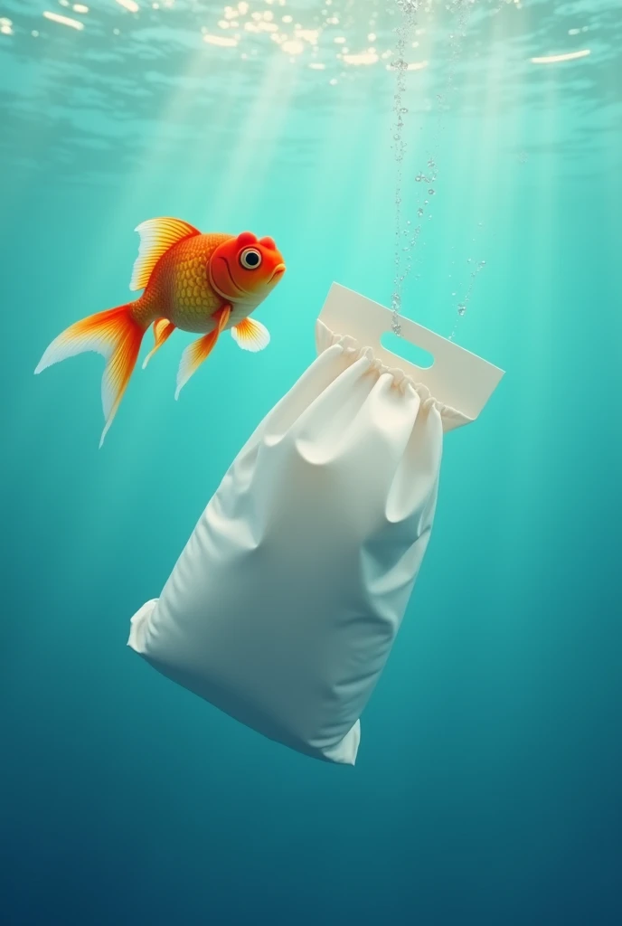 An animated goldfish meets a white plastic bag floating in the sea
