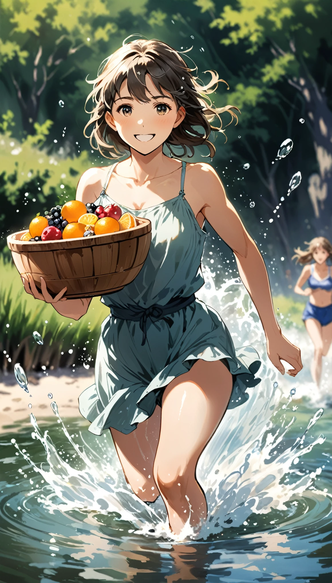 in style of Camille Claudel
character concept design,crazy_smile,1girl,take the wooden basin,a basin full of fruit,running,water float,dynamic blur,(background blur:1.2)