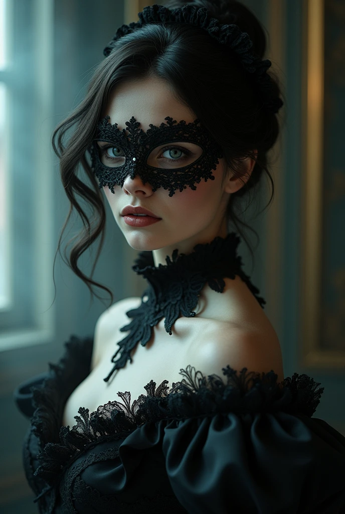 a closeup of a person wearing a mask, dreamy gothic girl, elegant render, Half-body photo, mistress, photoshop rendering, ebony rococo, elegant girl, female spy, haunting a beautiful young woman, superhero girl, extravagant dress, pretty girl
