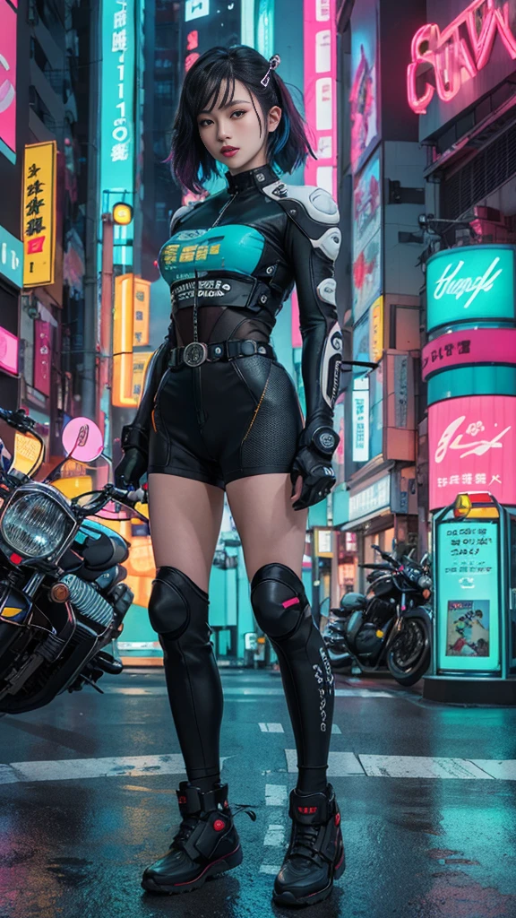 masterpiece, best quality, Confident cyberpunk girl, full-body shot, ((In front of the motorcycle)), Harajuku Fashion, Bold Colors and Patterns, Eye-Catching Accessories, Stylish and novel hairstyle, Vibrant makeup, Cyberpunk dazzling city landscape, Skyscraper, Neon lights, LED 灯, Bright and vivid color scheme, Japanese cartoons, illustration, Delicate skin texture, Detailed fabric texture, Beautiful and delicate face, Intricate details, Extremely detailed.