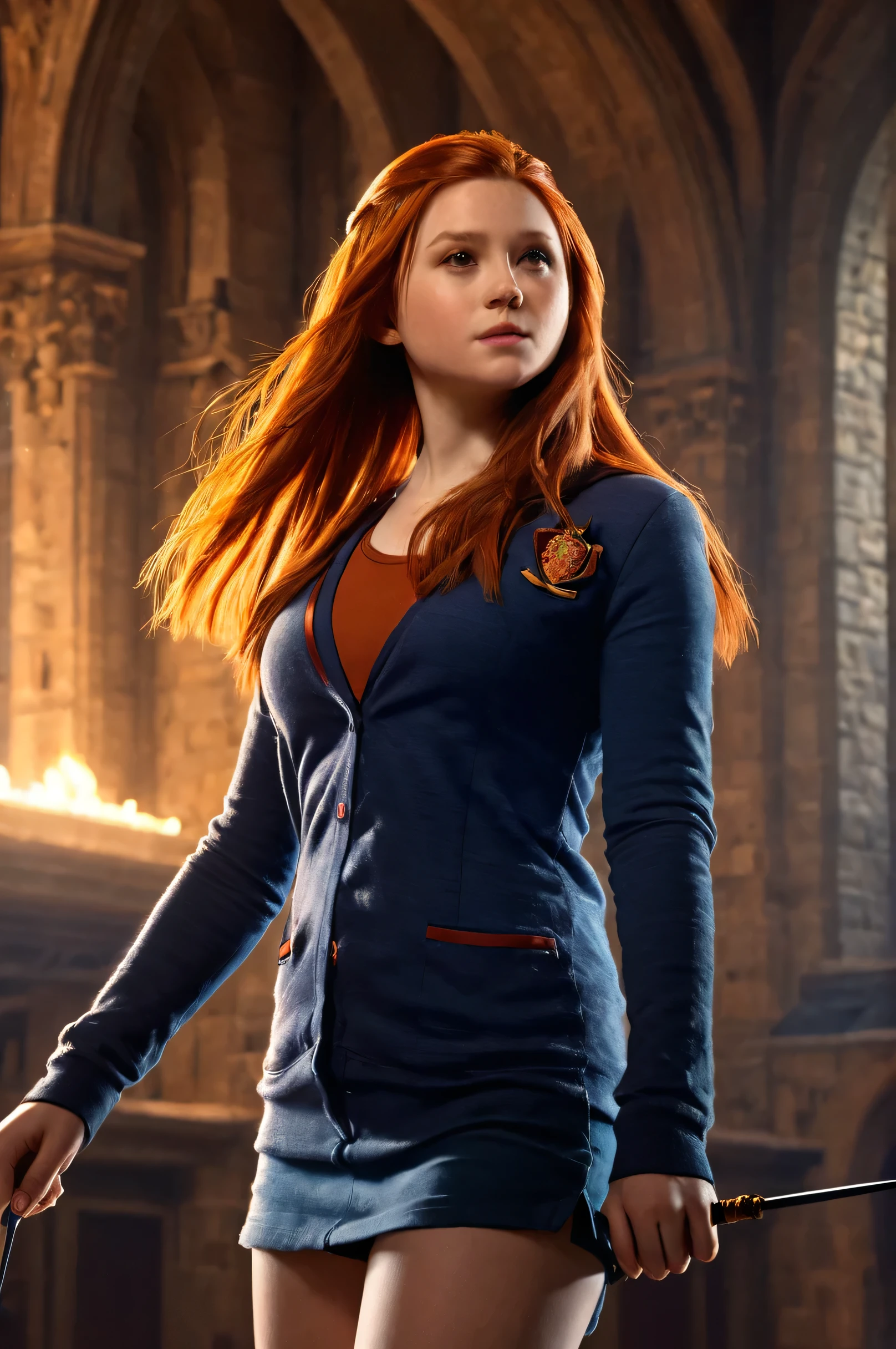 Ginny_Weasley, Gryffindor uniform, revealing clothing, holding a magic wand in his right hand, dominatriz, strict pose, Sensual masterpiece, 8k, Hi-Nothing, awarded, (the highest quality:1.5), Girl, hogwartsAwesome belleza, Pure perfection, divine presence, unforgettable, Awesome, Awesome belleza, volumetric light, auras, good heavens, Reflections of bright colors, detailed, HdR, epic background, Line art, digital illustration, comic style, dynamic, highly detailed, art station, Conceptual art, seeds, sharp focus, illustration, Thomas Moran style, Carne art Griffiths and Wadim Kashin, detailed background, 60-30-10 color rule, warm tones, godgood heavens, unreal engine, Greg Rutkowski, loico, Rhads, Beeple, Makoto Shinkai y Lois Van Baarle, Ilia Kuvshinov, rossdraws, Tom Bagshaw, Alphonse Mucha, global illumination, detailed and intricate environment 