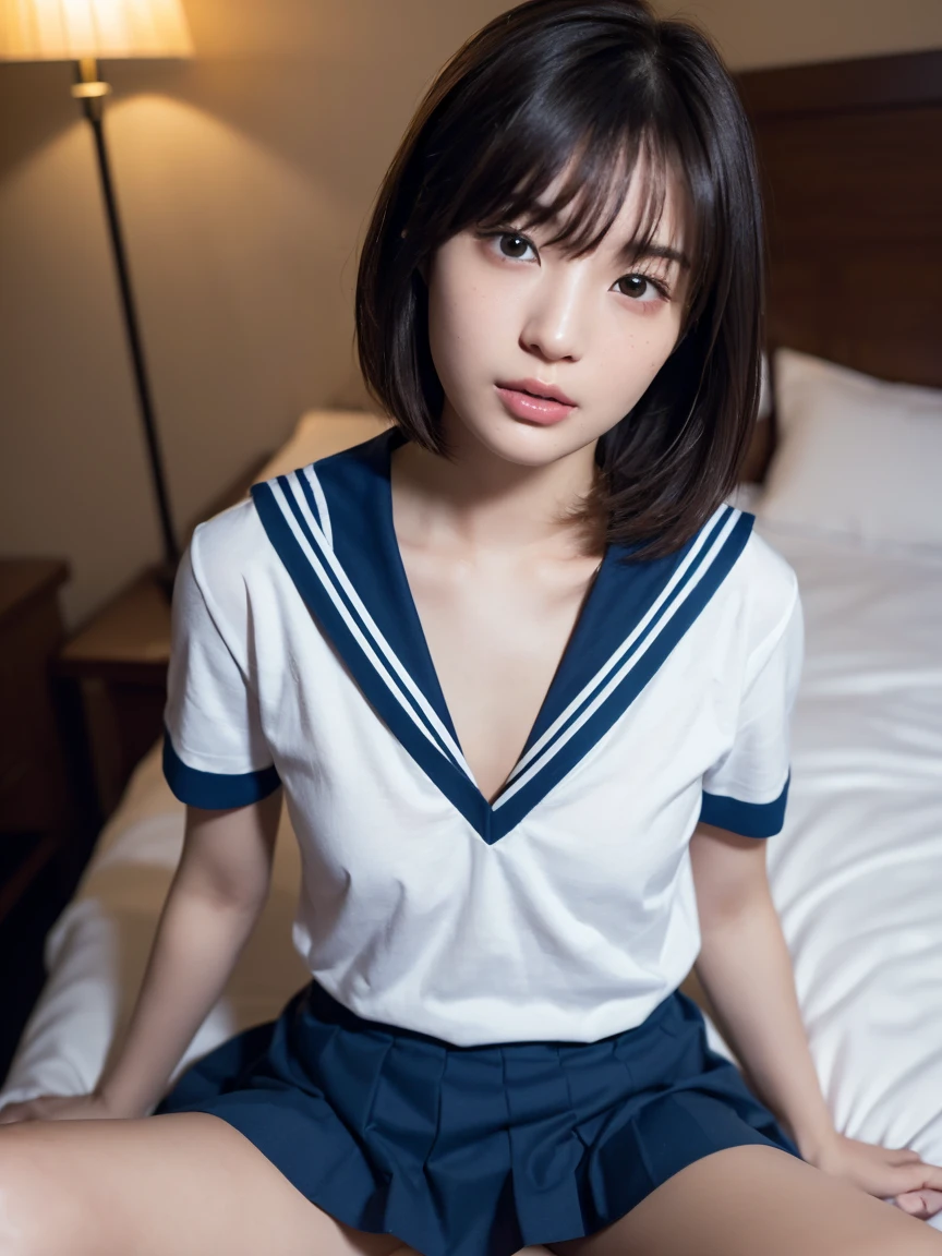 (masterpiece), Very detailed, Ultra-high resolution, Realistic, photo Realistic, High-resolution RAW color photos, Professional photos, Sharp focus, (Very detailed顔と肌の質感, Very beautiful eyes, Glossのある肌, Glowing Skin, Glowing Skin, Shining Face, Gloss, Oily skin, greasy face, Oily skin, greasy face,),, (real Glossのある肌 texture), Perfect Anatomy, Very detailed背景,((Hotel Bed)),(1 female,25-year-old woman, Japanese women),(lean slender body),(short hair, Straight hair, bangs, Brown Hair),(Flat Chest:1.6), (((Short Sleeve White Sailor School Uni形状 、Navy blue pleated skirt:1.5)))、((Sleep on your back)),(From above:1.4)、((((Spread your legs:1.3,Cum in vagina:1.6、Reaching orgasm:1.5))))