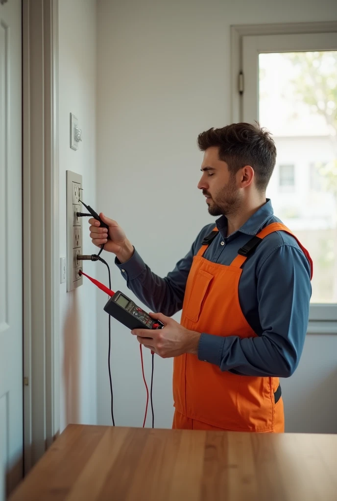 30 year old male technician, from sideways, measuring outlet voltage with multimeter, ABNT of energy of Brazil, wide image of house with white walls, showing table in the image,