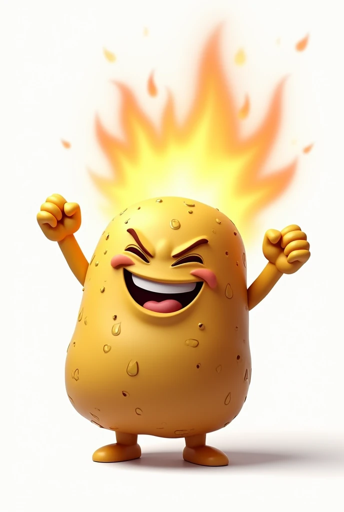 An adult rectangular potato celebrating a victory, with a bad face and with fire behind and on a white background.