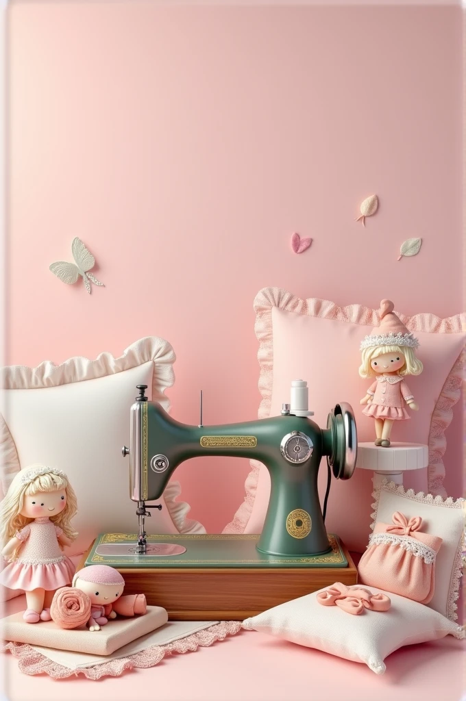 I need a fund that has a sewing machine, dolls and pillows, that the background is pink and tender