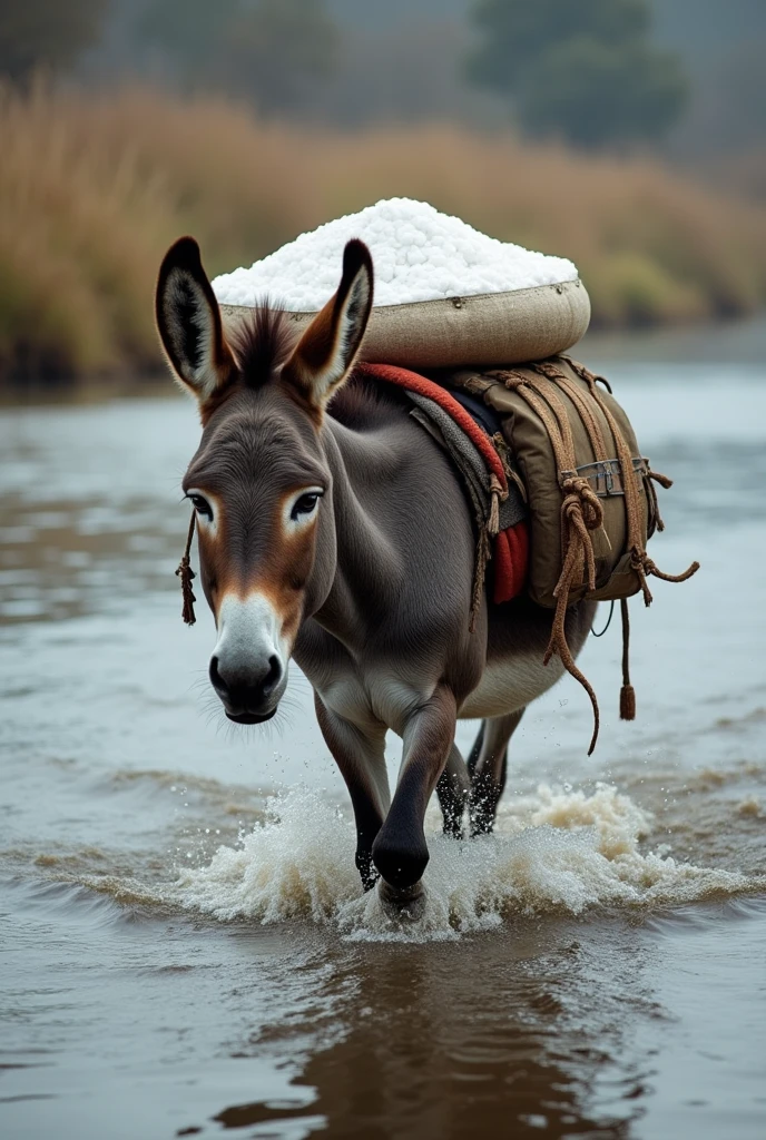 A donkey crossing a river with a load of salt on its back