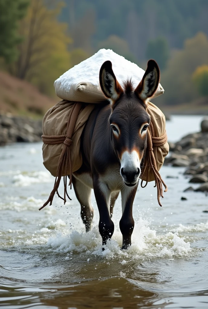 A donkey crossing a river with a load of salt on its back
