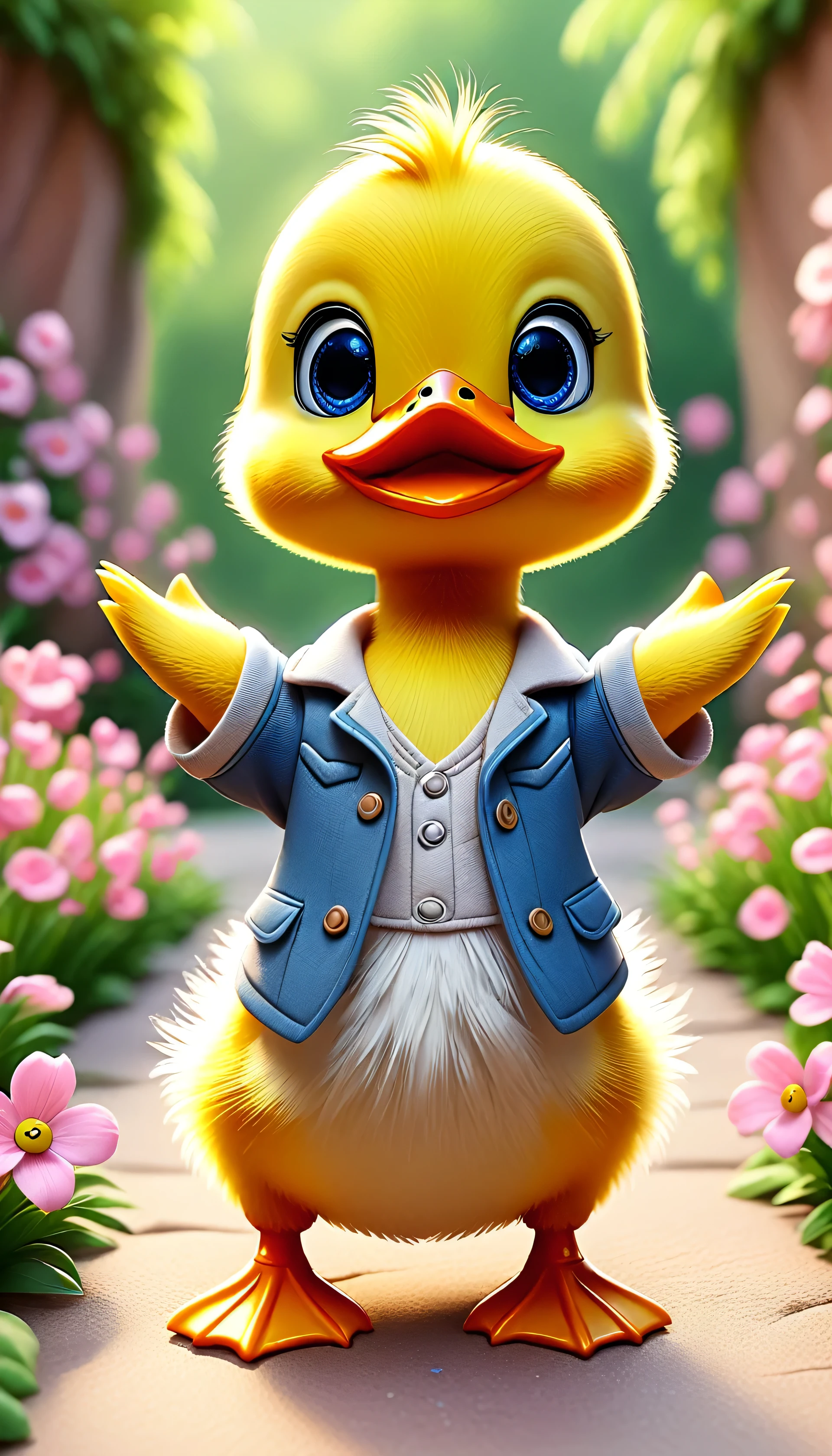 cute tiny duck, cartoon , arms, hands ,cute eyes, looking at viewer, arms up, close,flowers background, clothes