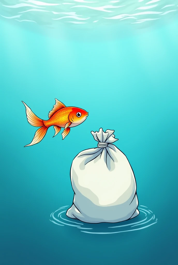 Cartoon of a goldfish coming across a white plastic bag floating in the sea