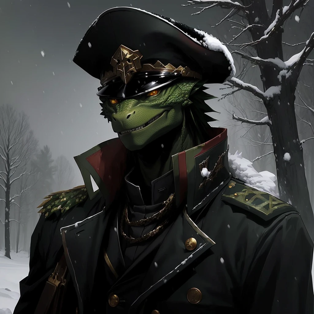 anime character dressed in military uniform in snowy forest, lizardman art, early cuyler, epic portrait of menacing, masterpiece anthro portrait, a portrait of the character, dressed in shako, lizardfolk, lizardman, captain, nefarious smirk, epic character portrait, fantasy art smug smile man