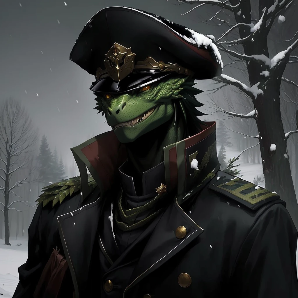 anime character dressed in military uniform in snowy forest, lizardman art, early cuyler, epic portrait of menacing, masterpiece anthro portrait, a portrait of the character, dressed in shako, lizardfolk, lizardman, captain, nefarious smirk, epic character portrait, fantasy art smug smile man