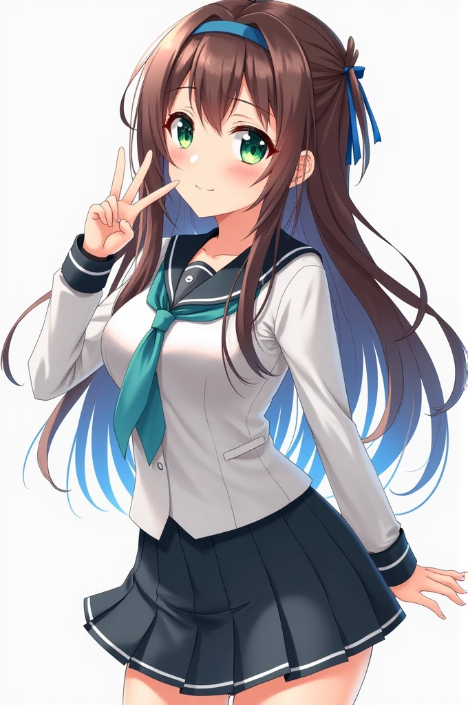 Anime girl with brown hair and blue locks, very blushing, green eyes, in a full body uniform