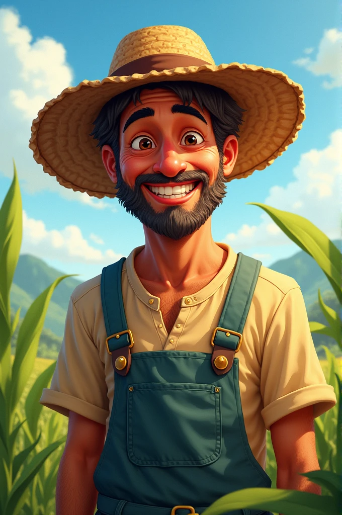 Make an art of a farmer, with straw hat, dark brown skin color and a striking smile.