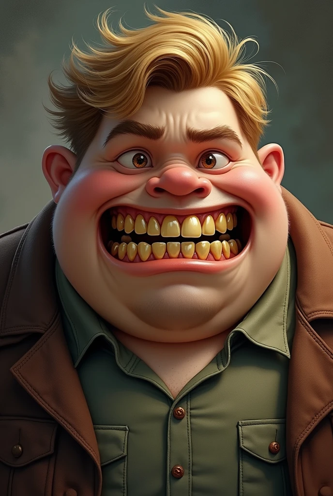 A very fat dark blond boy with golden teeth looking like a whiny little bitch 