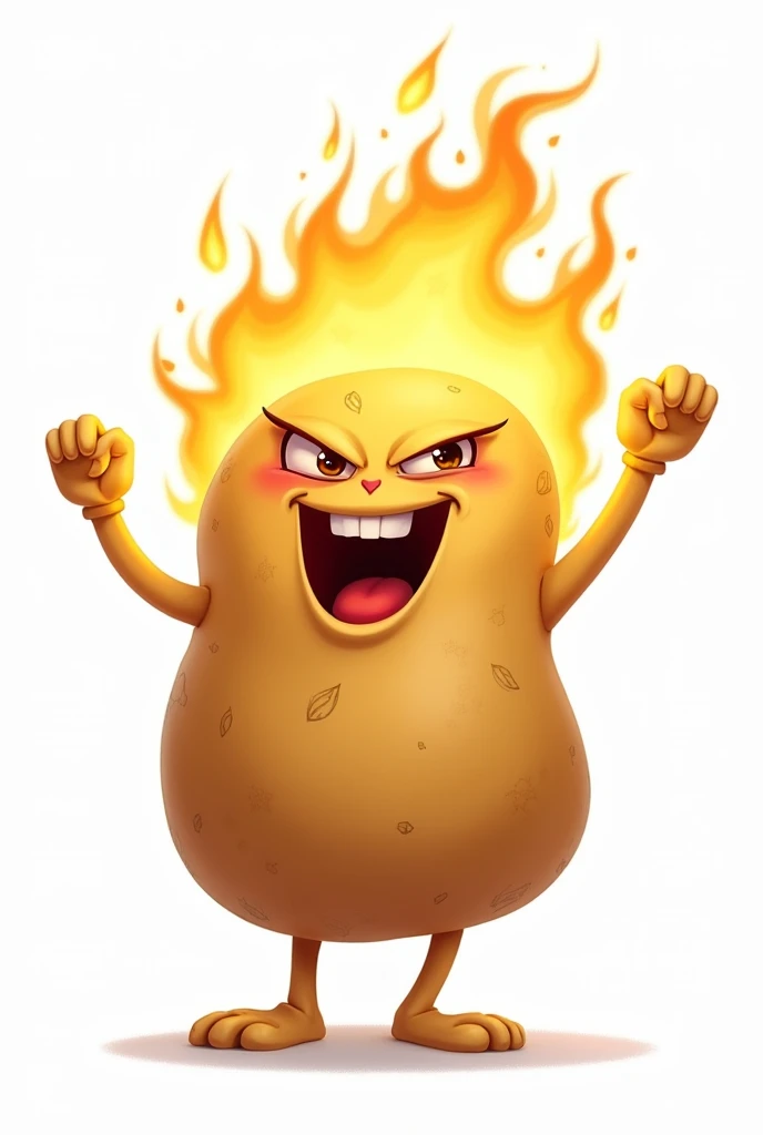 An adult rectangular potato celebrating a victory, with a bad face and with fire behind and on a white background.
