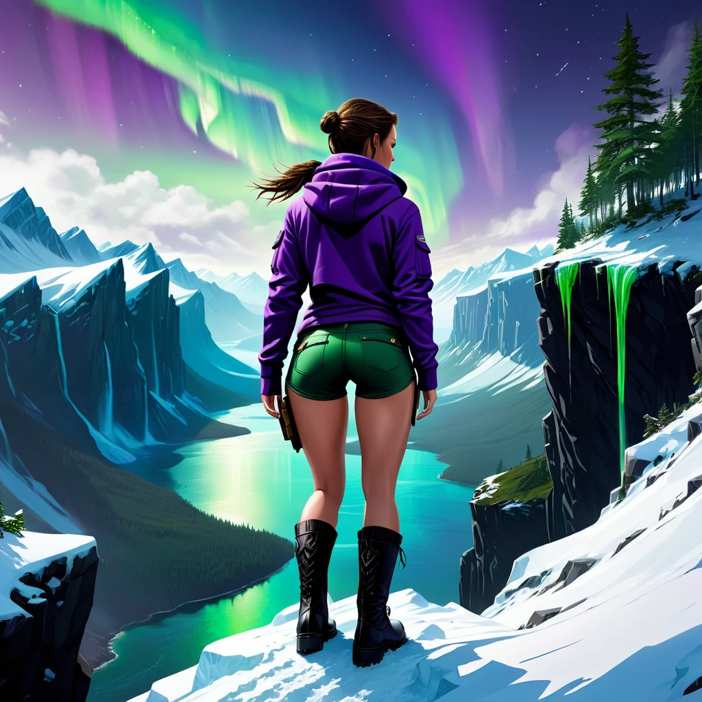 Generate Lara Croft climbing a treacherous,steep cliff with snow from the side angle,full of life and danger at night in a Nordic mythology style landscape in an highly detailed digital art style.add a real sense of vertigo for the depth.add green Aurora borealis with a tint of purple, add white crop top,midriff hoodie, really short and black and shiny booty shorts and black military boots. add textures and a lot details. add forest, a huge mountains and lake in the background. make it very colorful in a way that inspire winter season and the Nordic mythology.