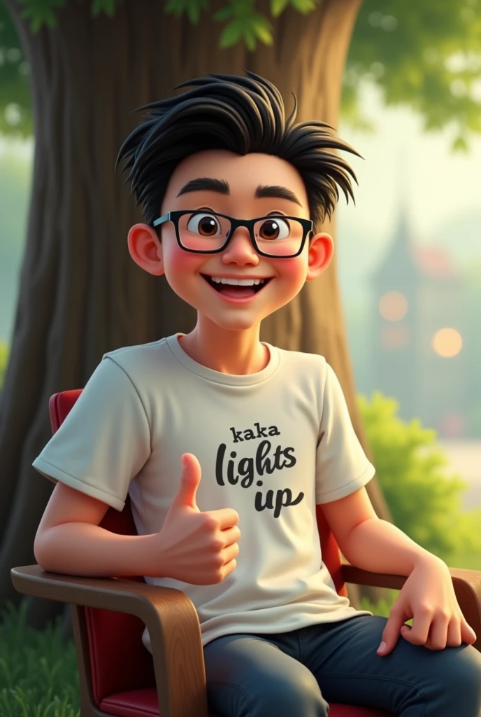 4d caricature.
a 31 year old Chinese man. fair skin. oval face. short black hair. right side slit. wearing glasses. sitting on a chair under the tree. thumbs up. T-shirt. inscription kaka lights up on the chest. realistic