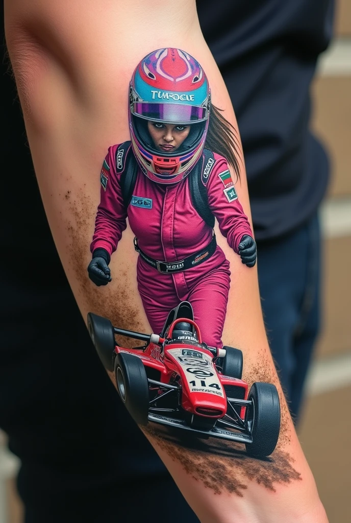 Forearm with linear tattoo of a female race car driver on a dirt track in a pink suit with the number 14 written on her suit