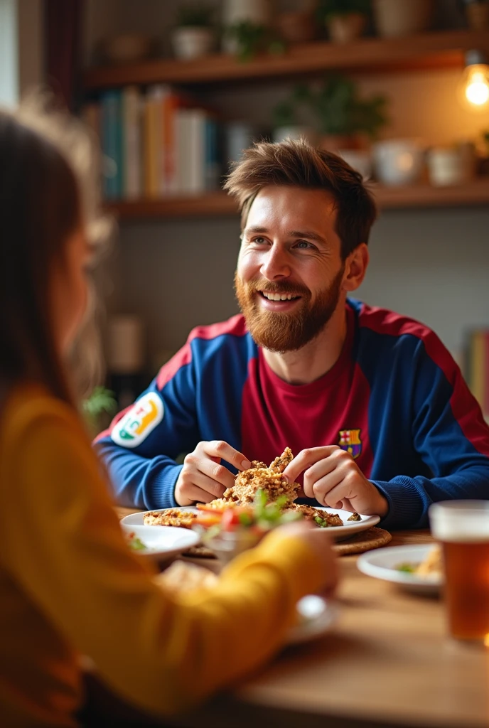 messi eating with family with a smile

