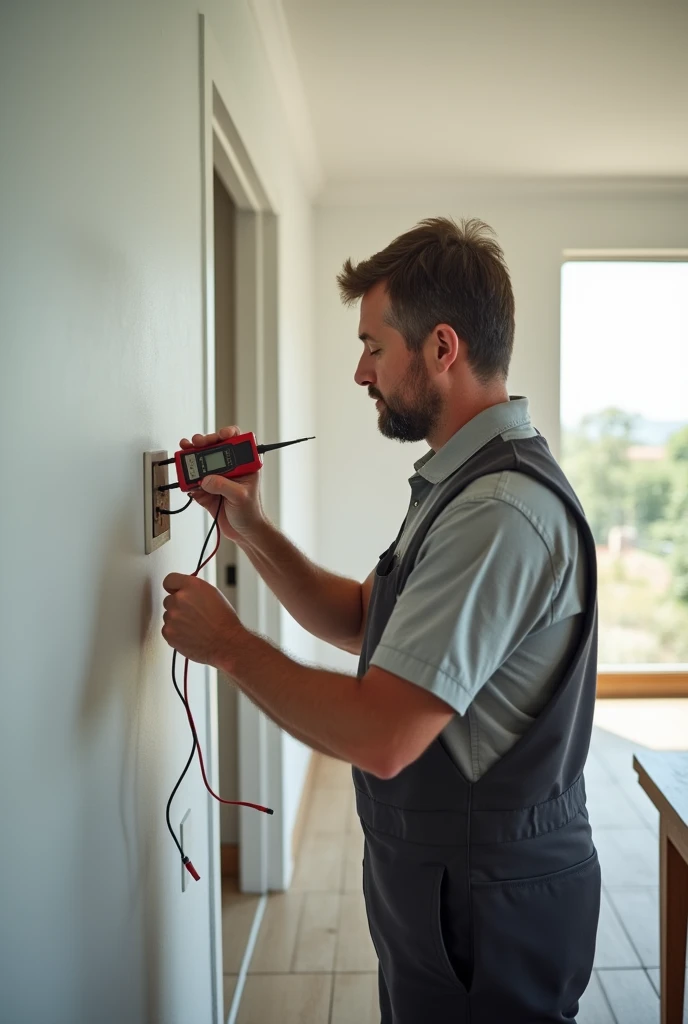 30 year old male technician, from sideways, measuring outlet voltage with multimeter, ABNT standard of Brazil, wide image of house with white walls, showing table in the background